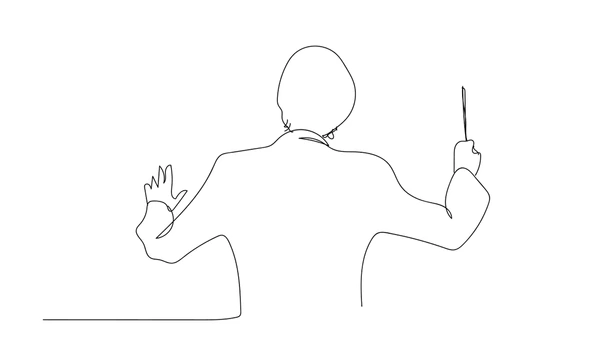 Line drawing of a conductor from behind, raising hands with a baton